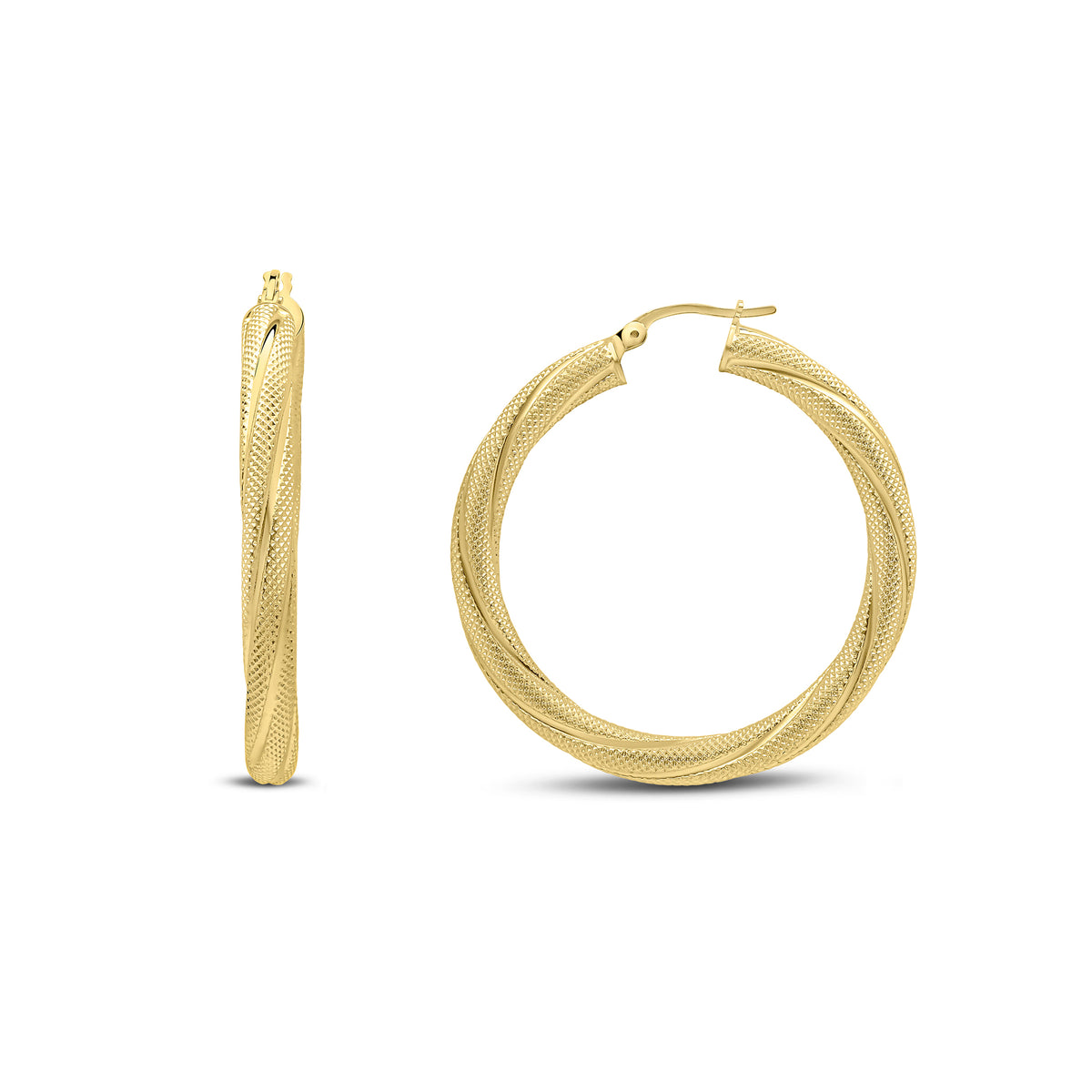 18CT YELLOW GOLD THICK TEXTURED FINISH TWIST ROUND HOOP EARRINGS 38MM DIAMETER