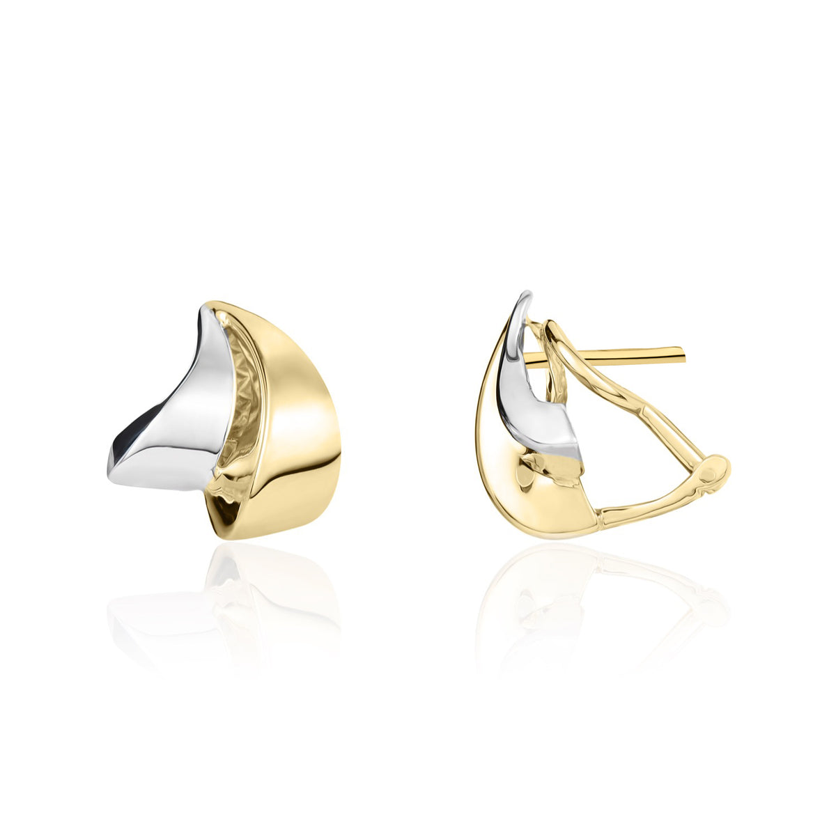 9CT YELLOW AND WHITE GOLD POLISHED 2 ROW CURVE PEG AND CLIP EARRINGS