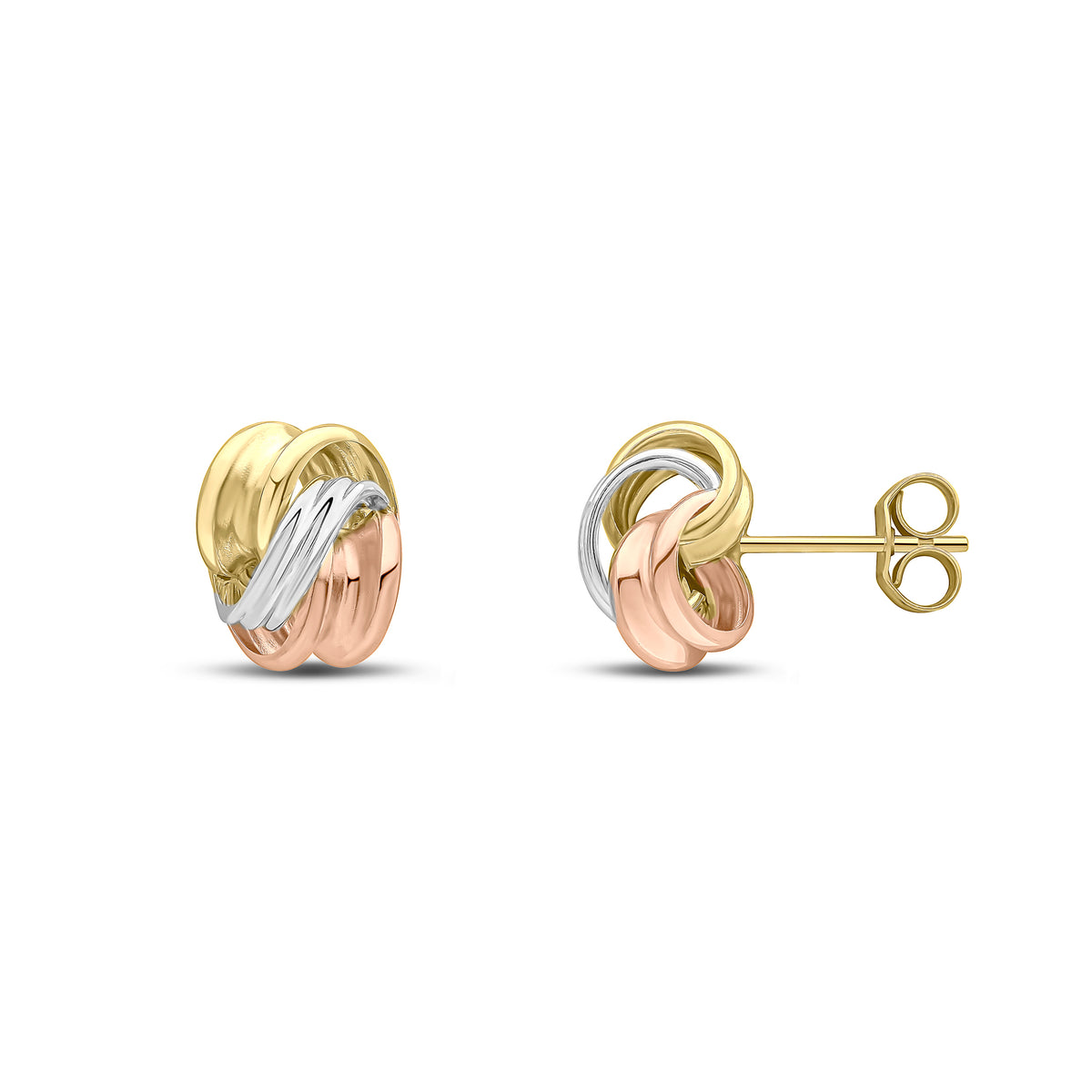 9CT THREE COLOUR GOLD FANCY RIBBON KNOT STUD EARRINGS