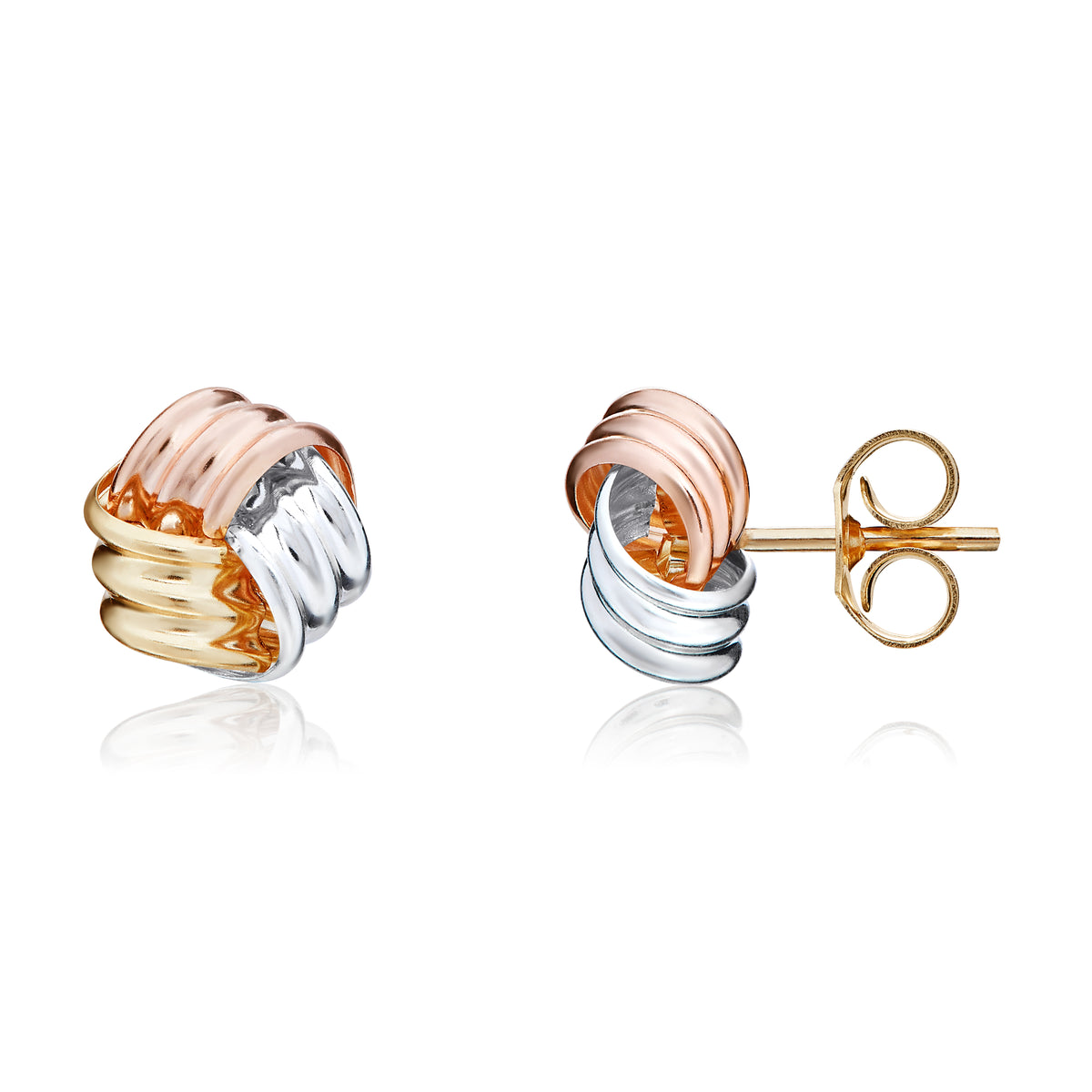 9CT YELLOW, WHITE AND ROSE GOLD 3 SECTION RIBBED KNOT EARRINGS