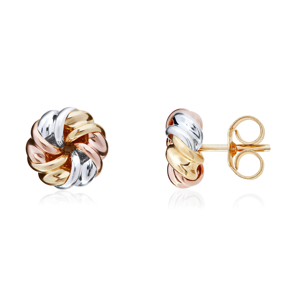 9CT 3 COLOUR GOLD 7.5MM RIBBON SWIRL STUD EARRINGS