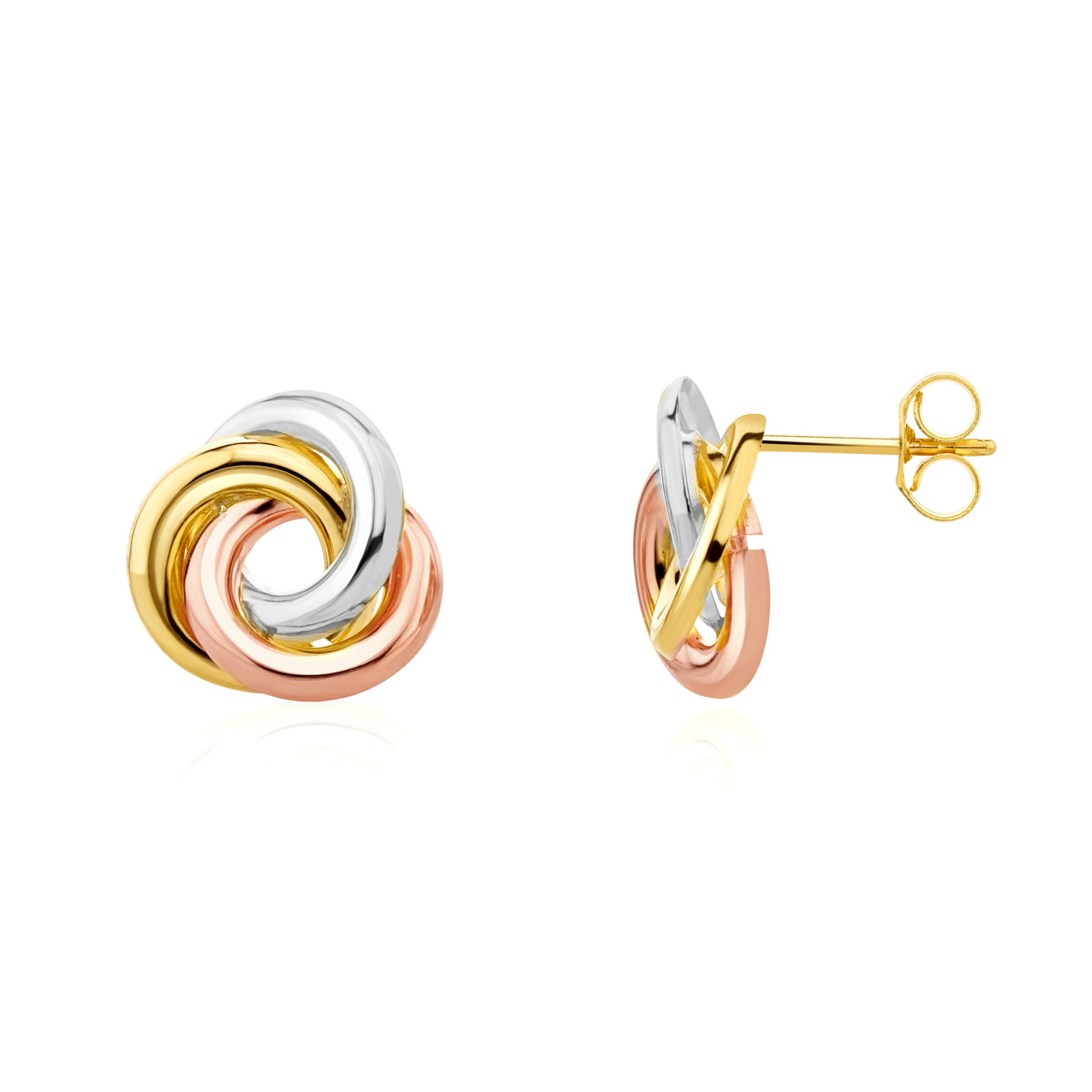 9CT 3 COLOUR GOLD POLISHED LOOPS FLAT KNOT STUD EARRINGS