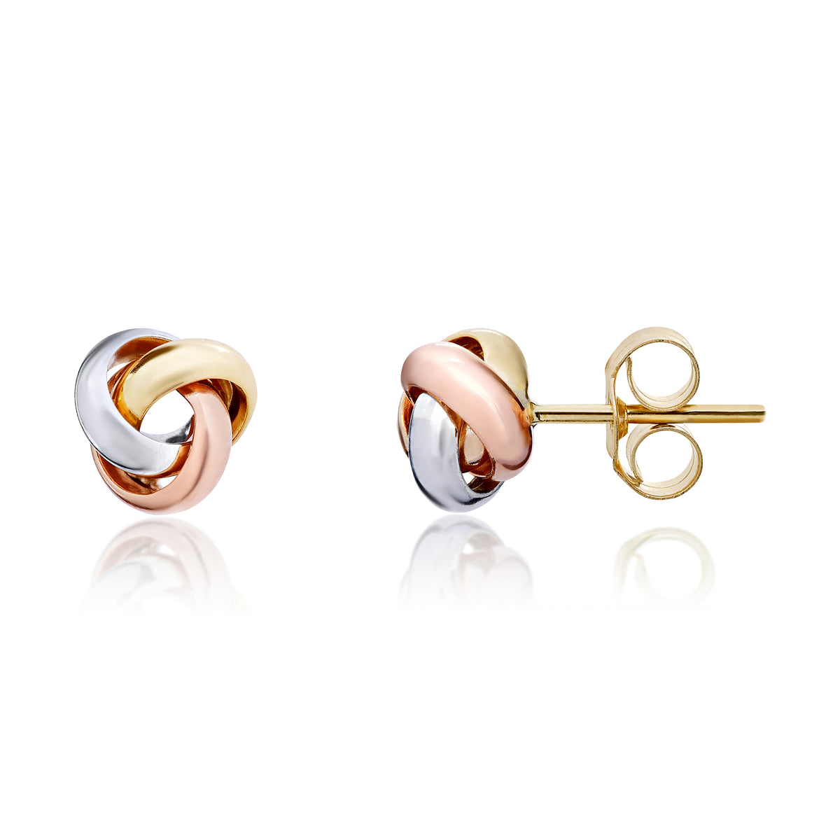 9CT YELLOW, WHITE AND ROSE GOLD POLISHED 3 ROW SMALL KNOT EARRINGS