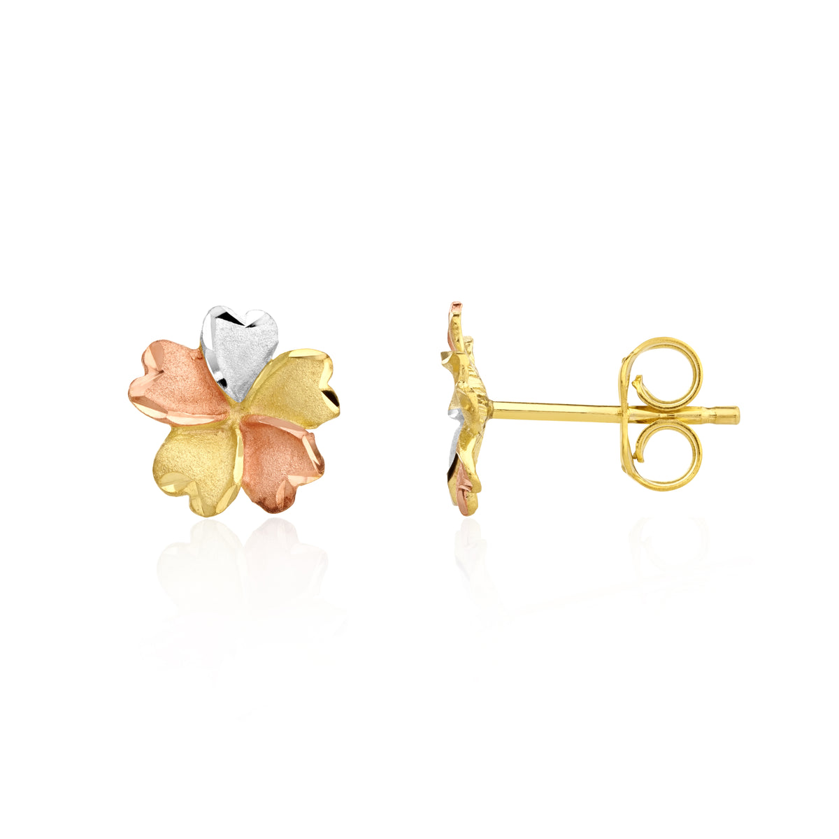 9CT YELLOW, WHITE AND ROSE GOLD SATIN FLOWER WITH POLISHED EDGE STUD EARRINGS