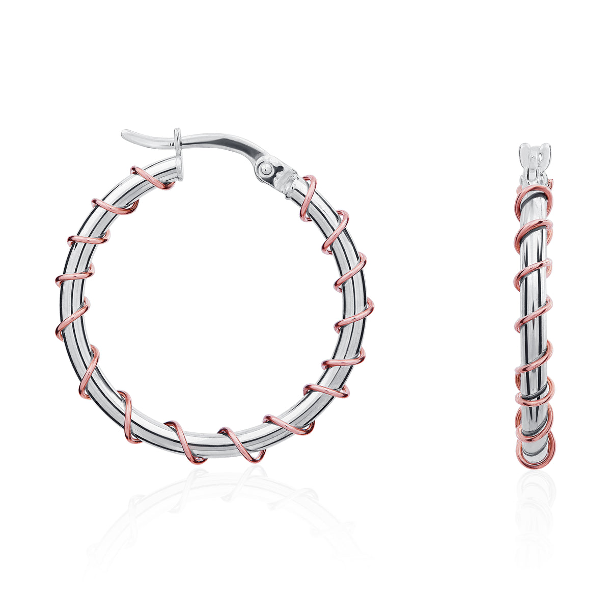 9CT WG ROUND HOOP EARRINGS WITH ROSE GOLD WIRE TWIST DETAIL