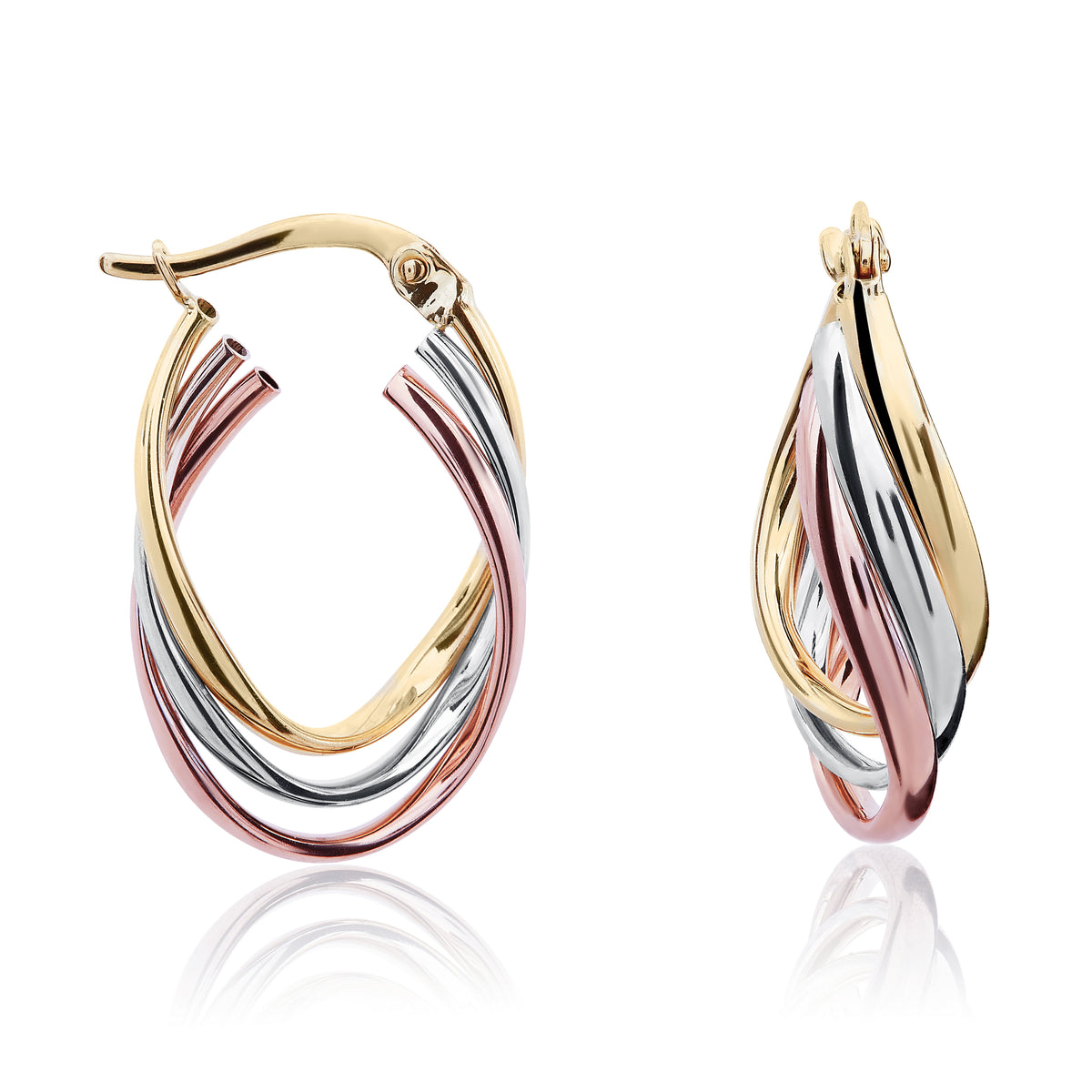 9CT 3 COLOUR GOLD 3 ROW WAVY OVAL HOOP EARRINGS