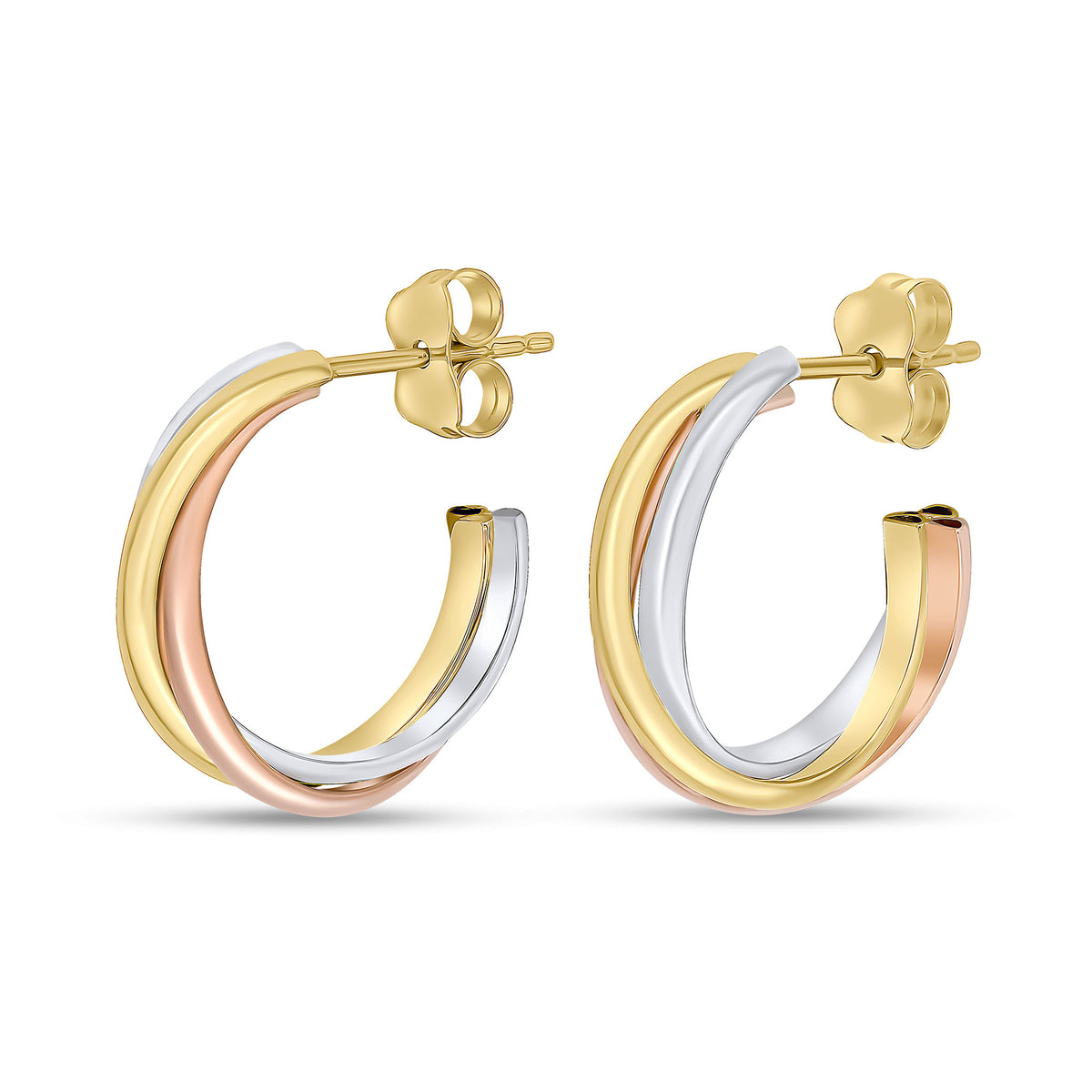 9CT YELLOW, WHITE AND ROSE GOLD RUSSIAN STYLE PEG AND SCROLL HOOP EARRINGS
