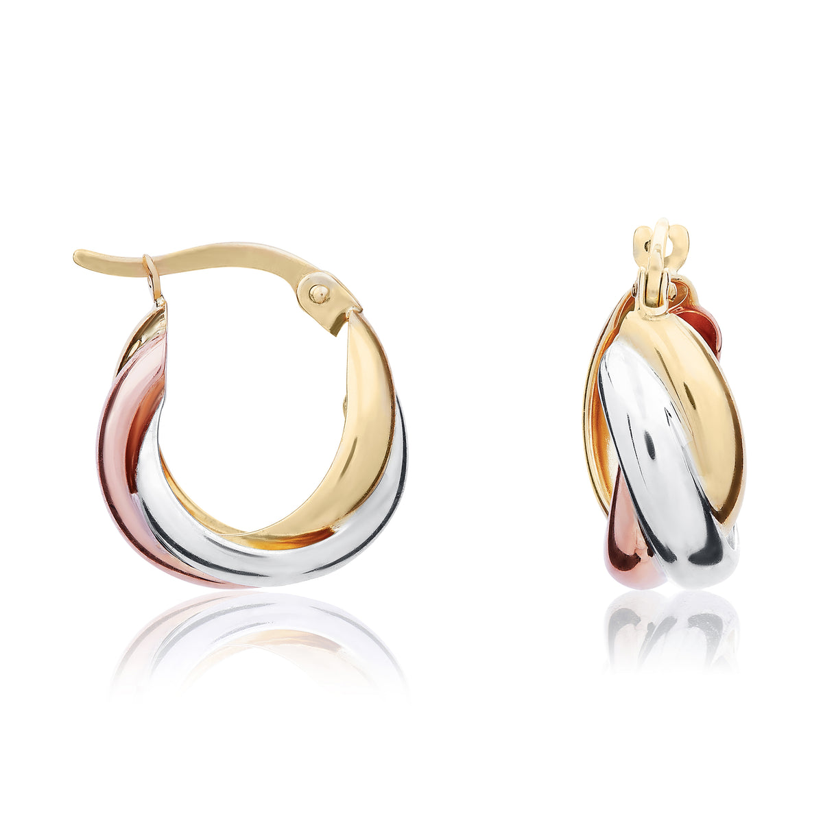 9CT 3 COLOUR GOLD RUSSIAN WEDDING RING STYLE HOOP EARRINGS