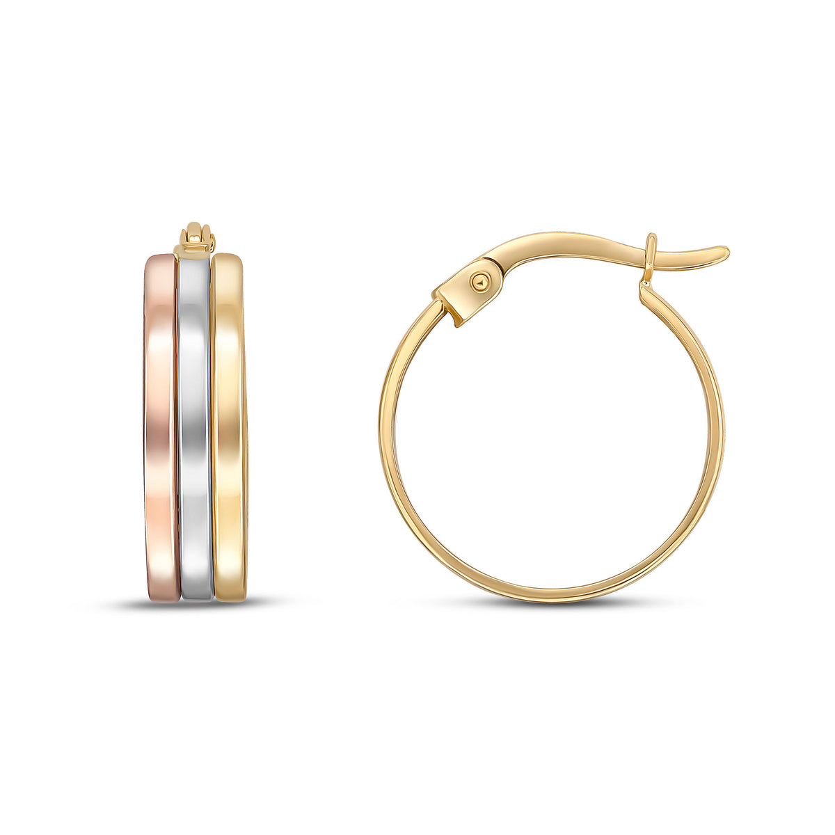9CT YELLOW, WHITE AND ROSE GOLD 3 ROW FLAT HOOP EARRINGS