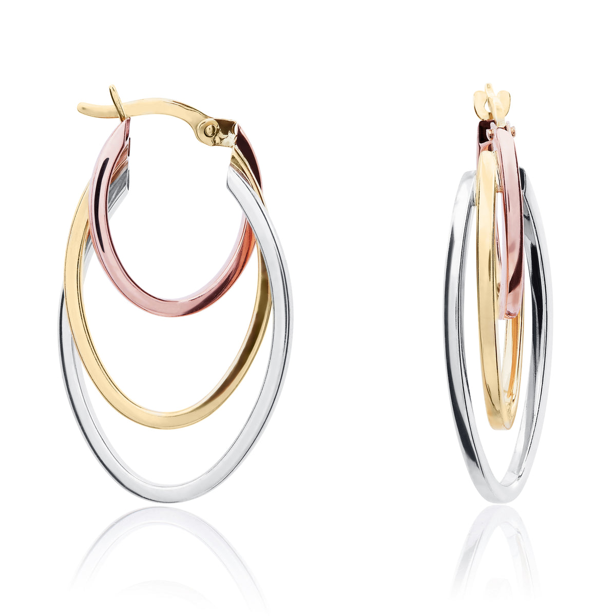9CT YELLOW, WHITE AND ROSE GOLD TRIPLE POLISHED OVAL HOOP EARRINGS