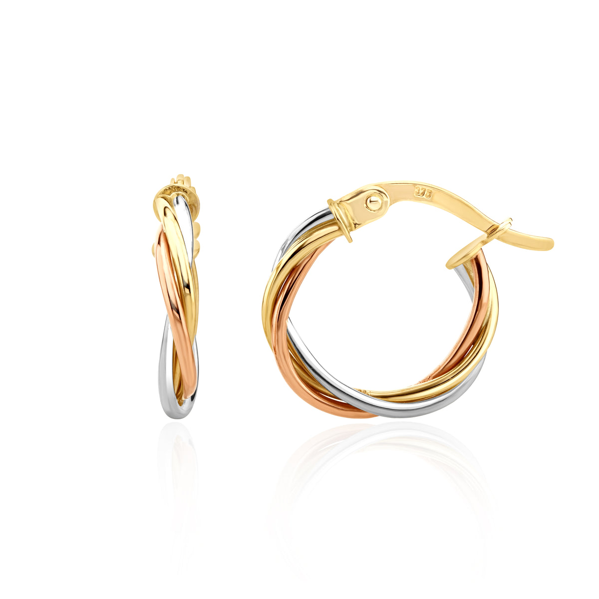 9CT YELLOW, WHITE AND ROSE GOLD THIN WIRE RUSSIAN HOOP EARRINGS. 14MM OUTER DIAMETER