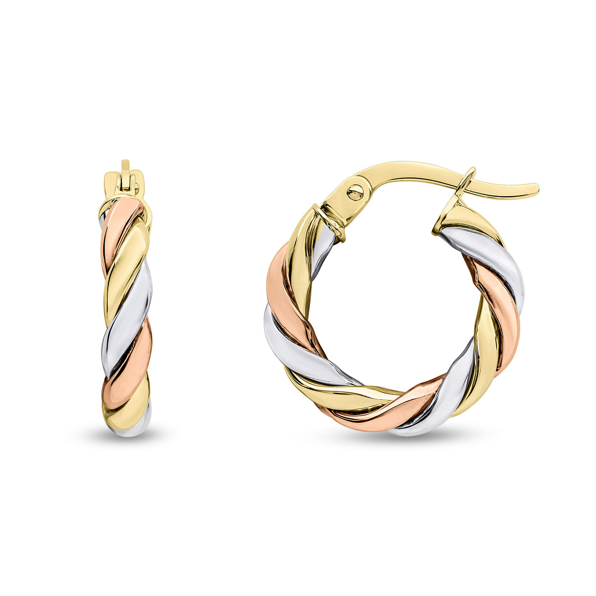 9CT 3 COLOUR GOLD THICK ROPE TWIST HOOP EARRINGS