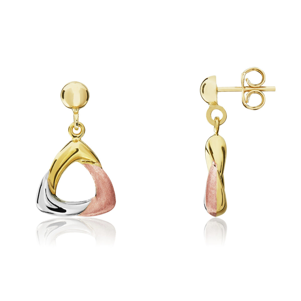 9CT 3 COLOUR GOLD POLISHED AND SATIN OPEN TRIANGLE DROP EARRINGS