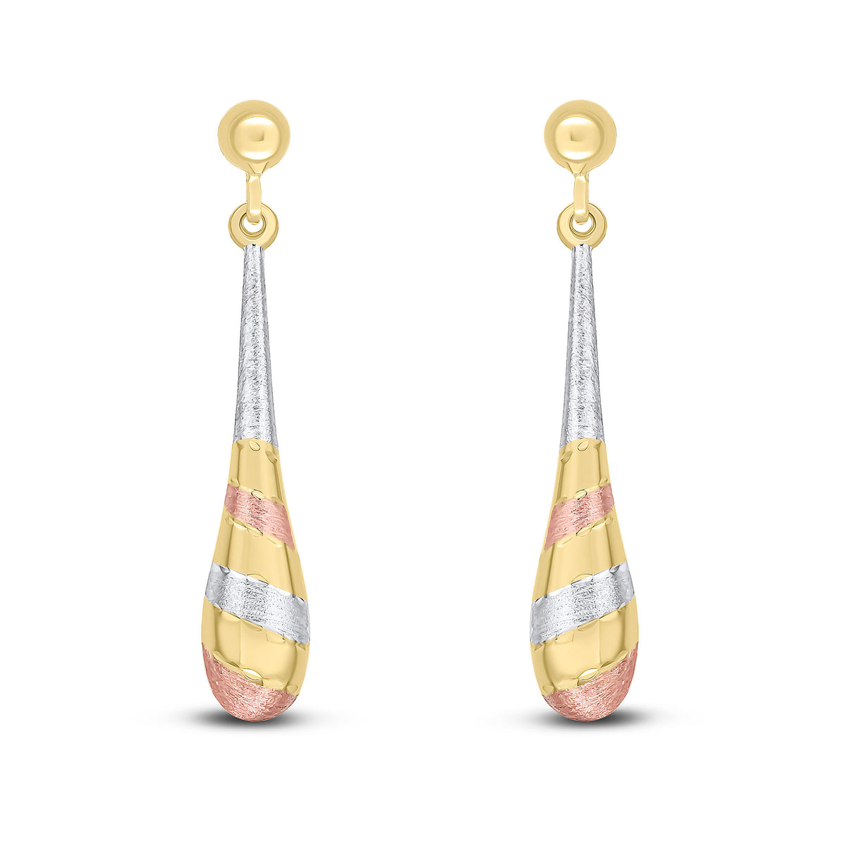 9CT YELLOW, WHITE AND ROSE GOLD STRIPED TORPEDO DROP EARRINGS WITH POLISHED HALF BEAD TOP