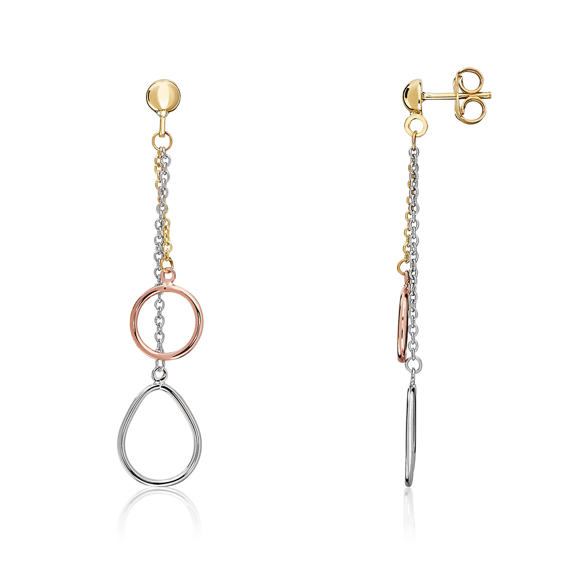 9CT THREE COLOUR GOLD CIRCLE AND PEARSHAPE ON CHAINS DROP EARRINGS