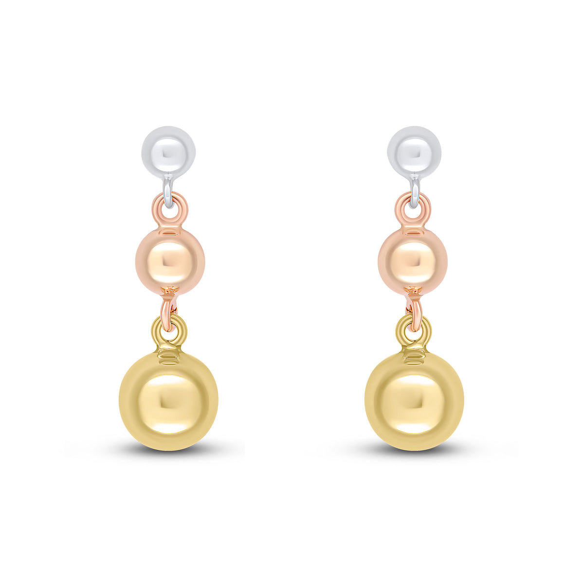 9CT WHITE GOLD 4MM, ROSE GOLD 5MM AND YELLOW GOLD 7MM POLISHED BALL DROP EARRINGS