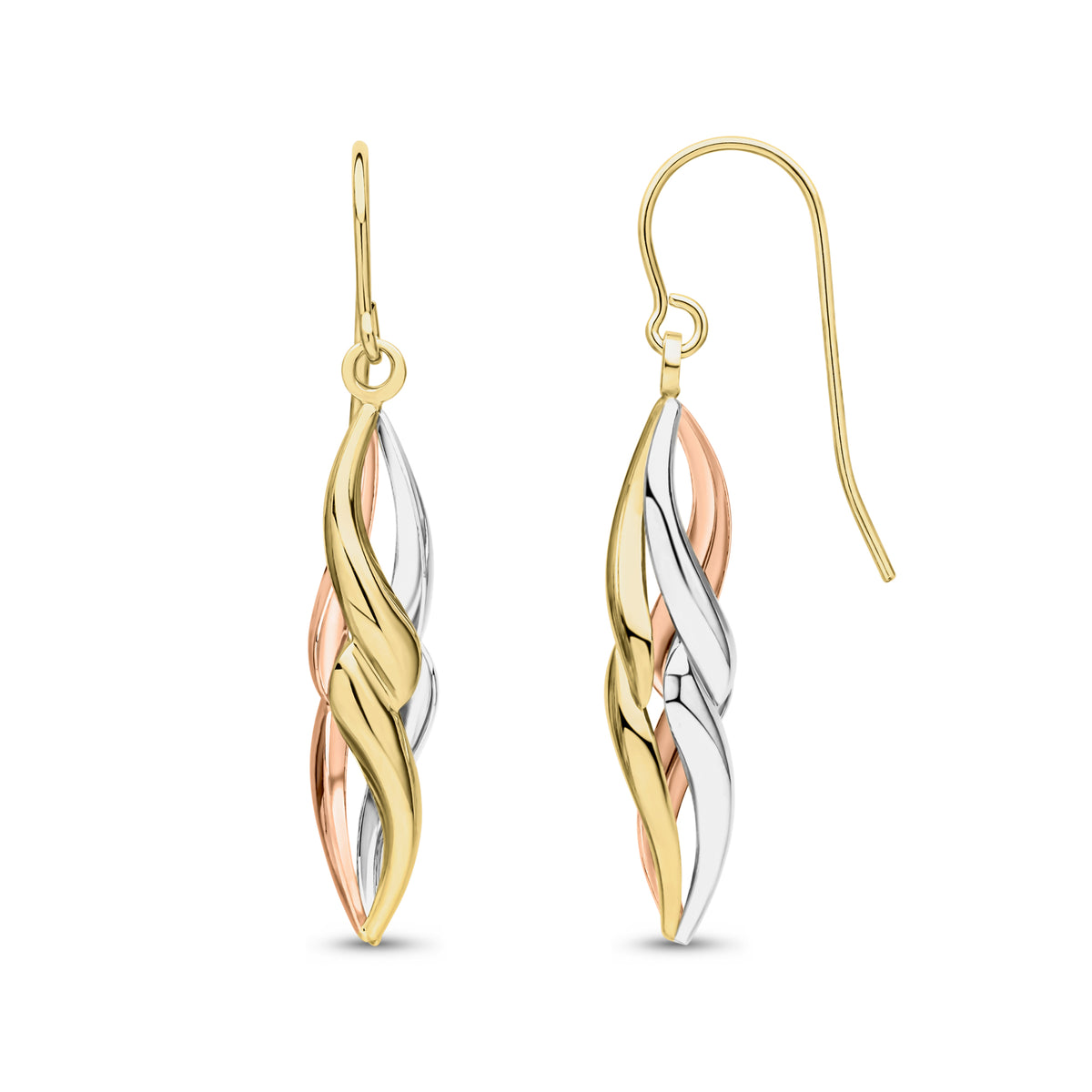 9CT 3 COLOUR GOLD SPIRAL DROP EARRINGS WITH SHEPHERD HOOK FITTINGS