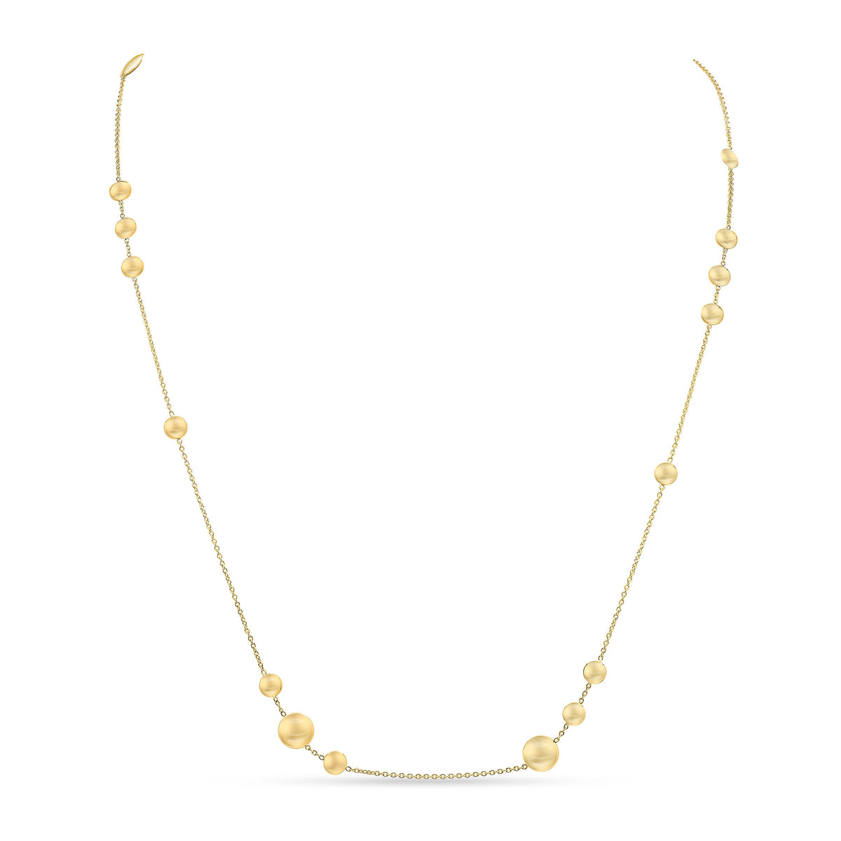 9CT YG CHAIN NECKLACE WITH POLISHED FLAT DISCS. 24 INCH