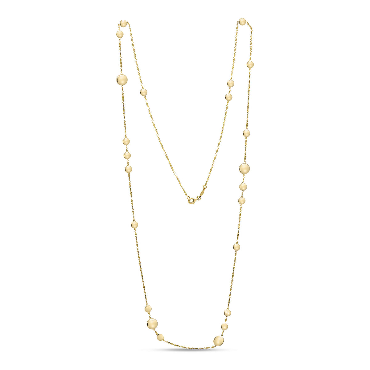 9CT YG CHAIN NECKLACE WITH POLISHED FLAT DISCS. 32 INCH