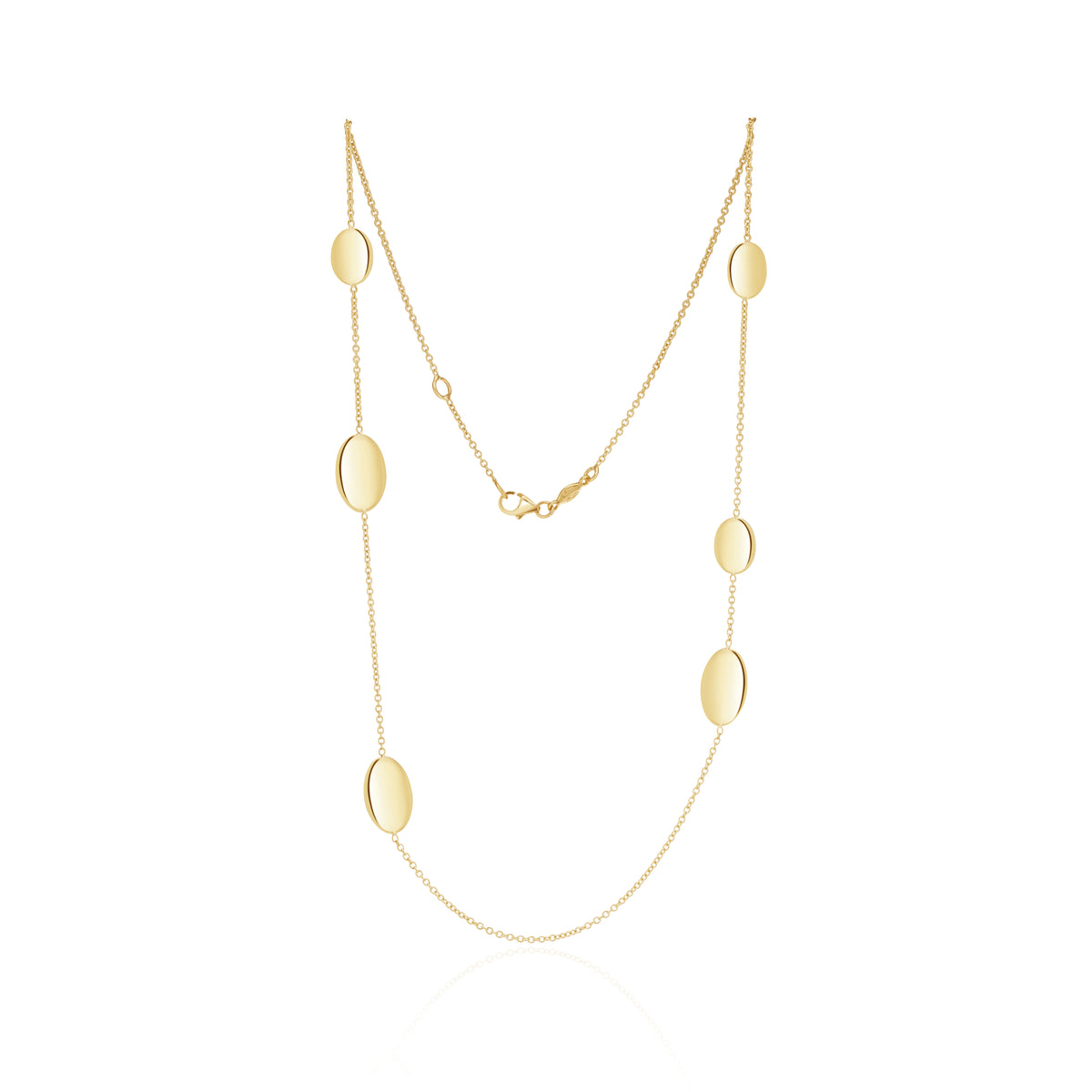 9CT YG CHAIN & FLAT POLISHED OVAL DISCS NECKLACE. 18 INCH