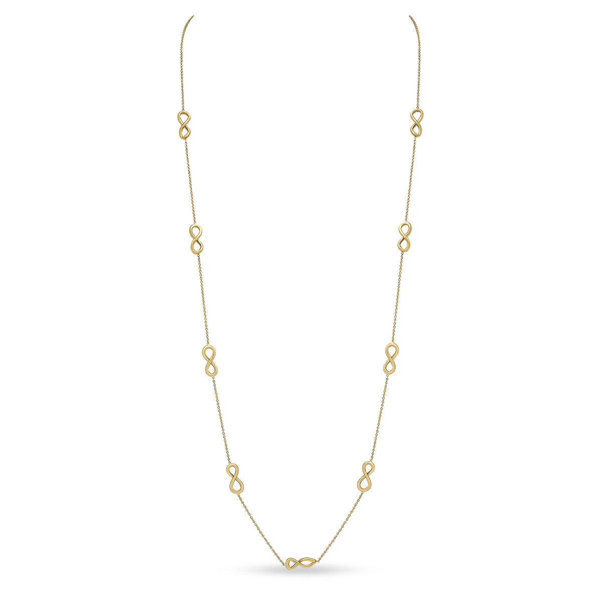 9CT YG CHAIN & INFINITY MOTIF NECKLACE. 32 INCH