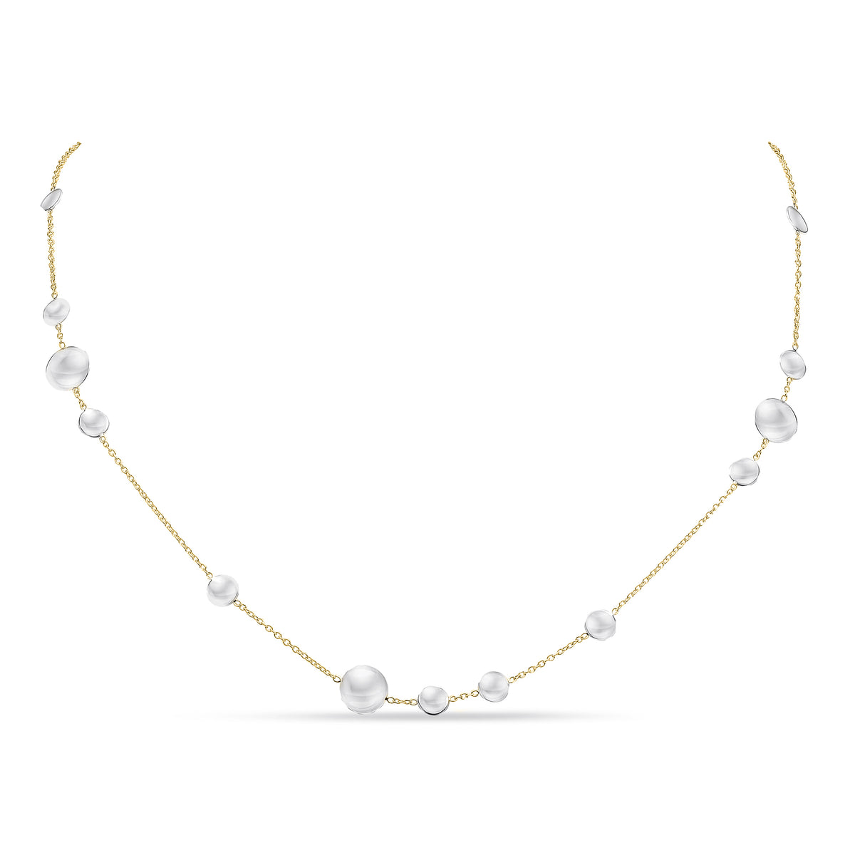 9CT YG CHAIN NECKLACE WITH WHITE GOLD POLISHED FLAT DISCS. 18 INCH