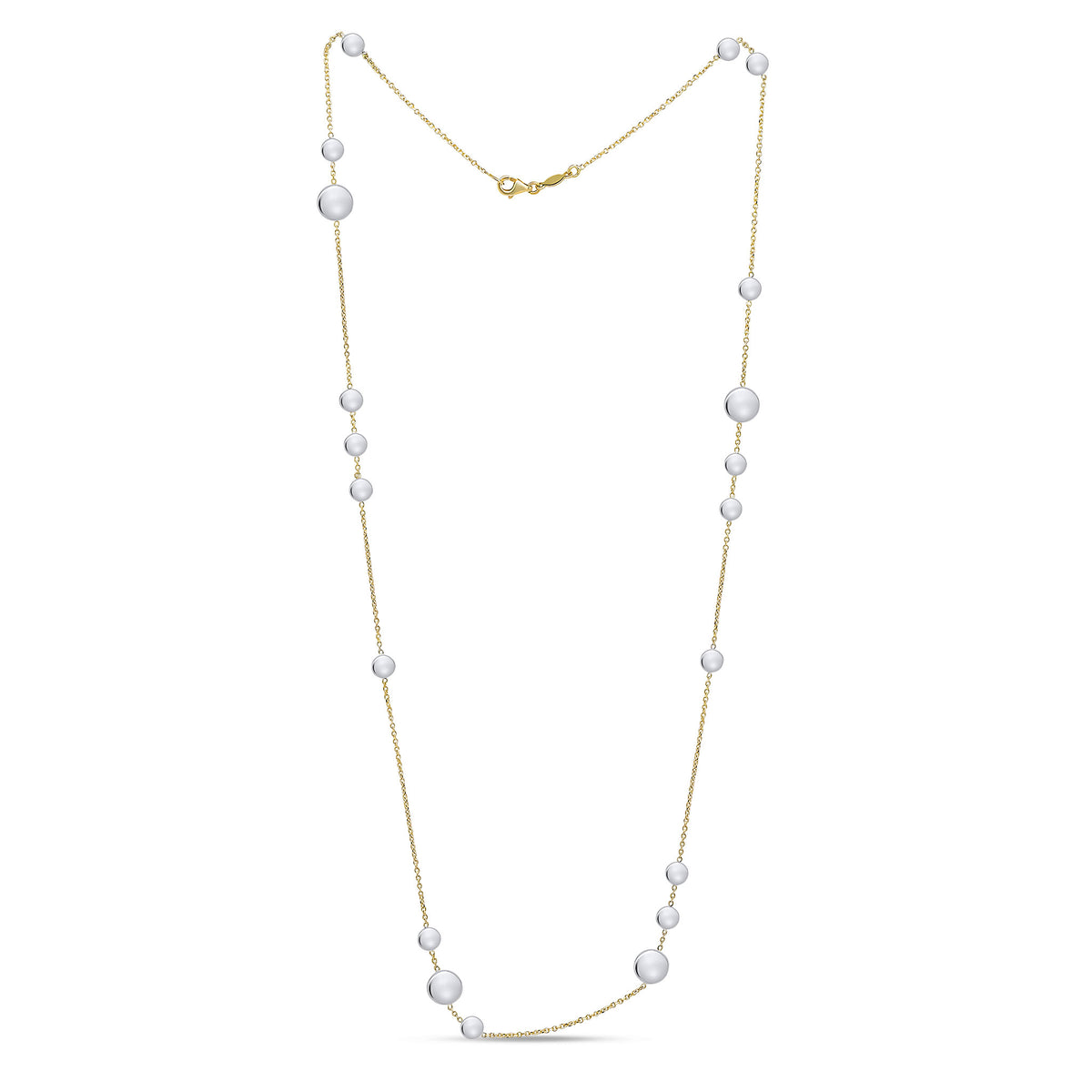 9CT YG CHAIN NECKLACE WITH WHITE GOLD POLISHED FLAT DISCS. 24 INCHES