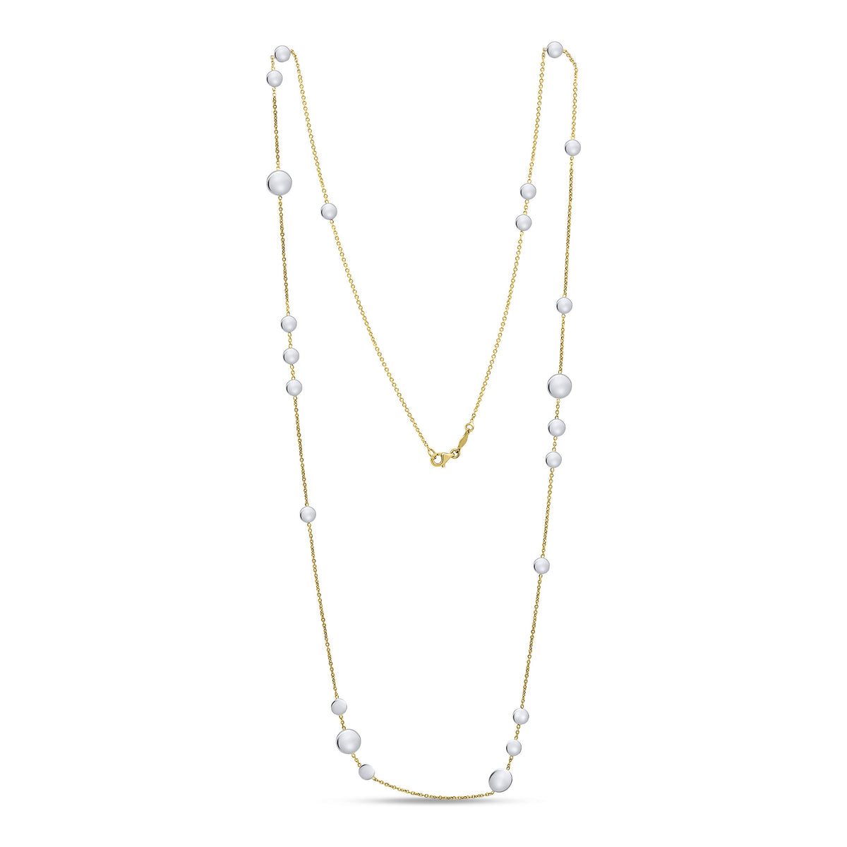 9CT YG CHAIN NECKLACE WITH WHITE GOLD POLISHED FLAT DISCS. 32 INCHES