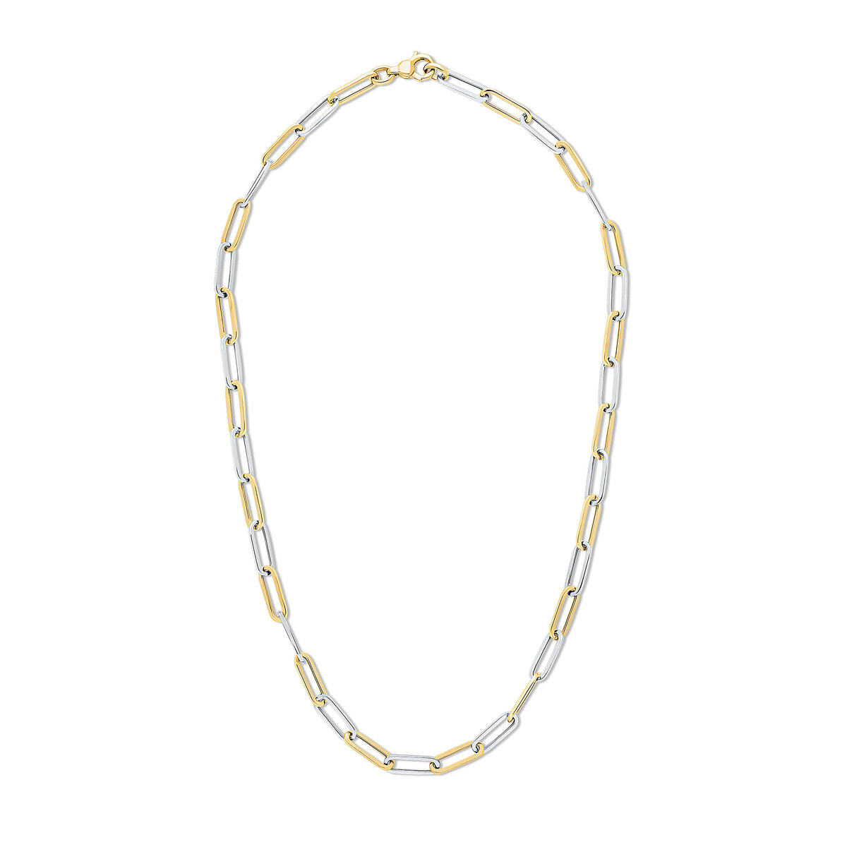 9CT YELLOW AND WHITE GOLD OVAL PAPERCHAIN LINK NECKLACE. 18 INCHES