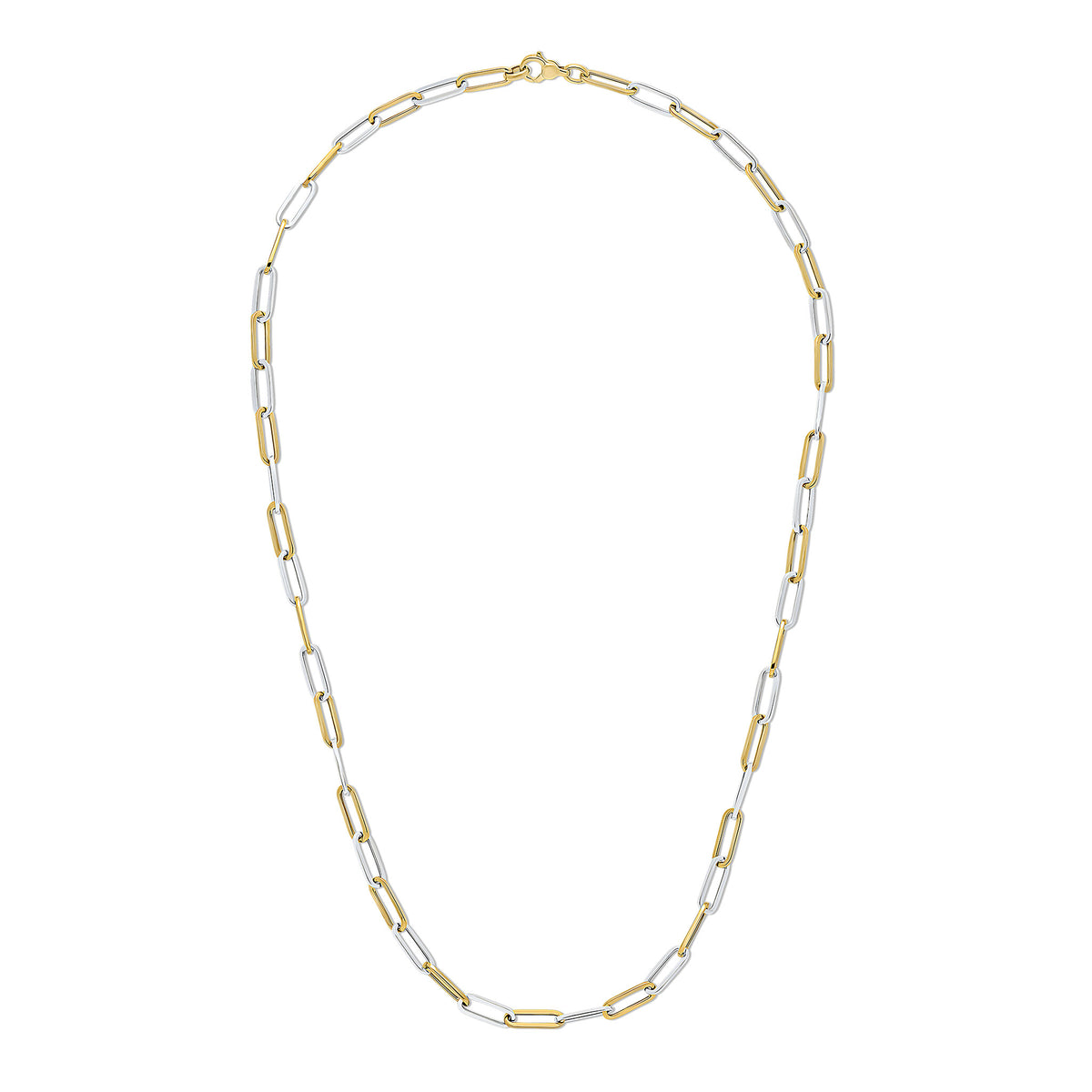 9CT YELLOW AND WHITE GOLD OVAL PAPERCHAIN LINK NECKLACE. 24 INCHES