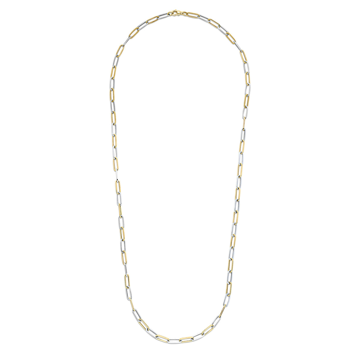 9CT YELLOW AND WHITE GOLD OVAL PAPERCHAIN LINK NECKLACE. 32 INCHES