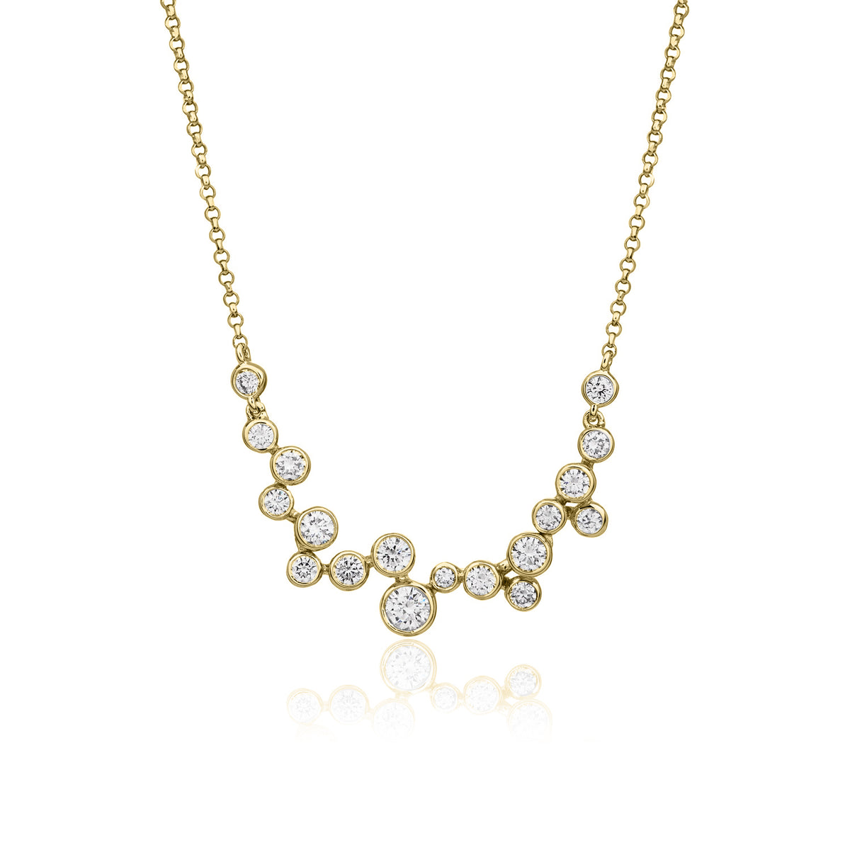 18CT YG ROUND DIAMOND 'BUBBLE' NECKLACE ON DIAMOND CUT TRACE CHAIN
