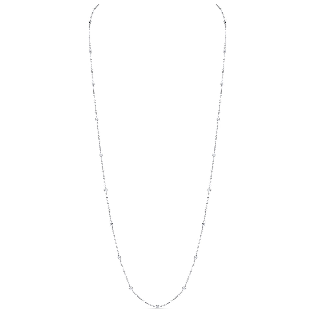18CT WG ROUND DIAMOND SPEC SET CHAIN NECKLACE. 36"