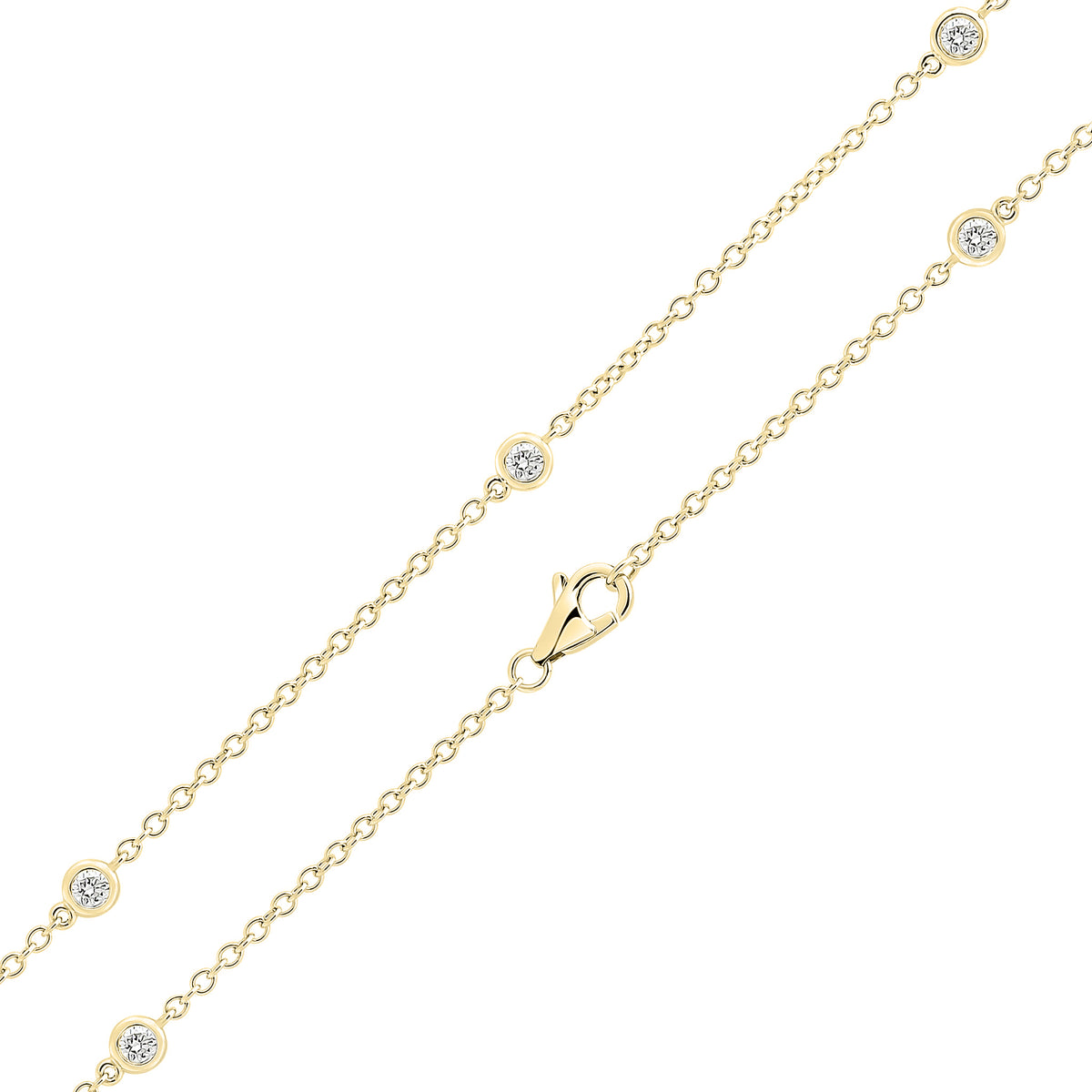 18CT YELLOW GOLD ROUND DIAMOND SPEC SET CHAIN NECKLACE. 30"