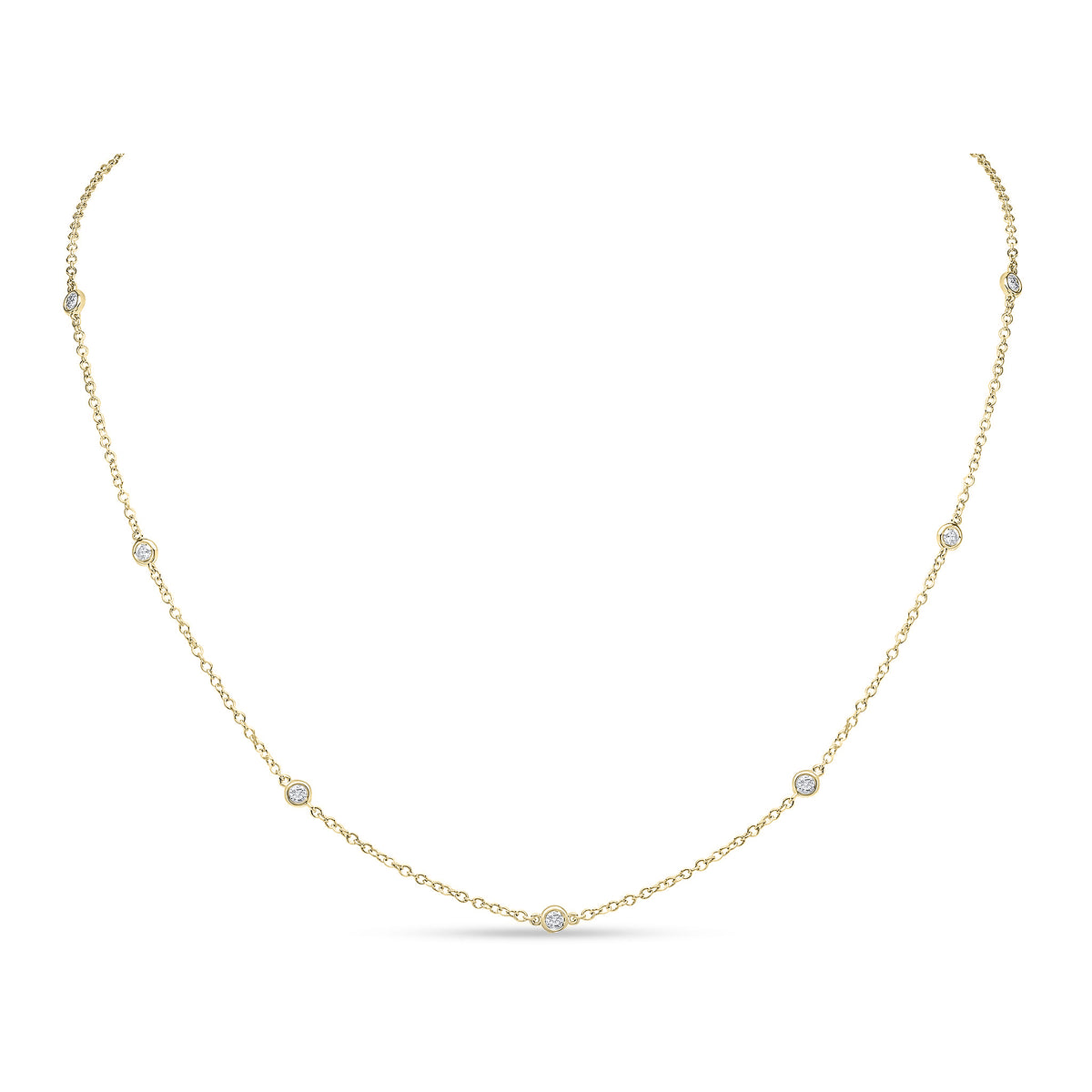 18CT YG ROUND DIAMOND SPEC SET CHAIN NECKLACE. 18"