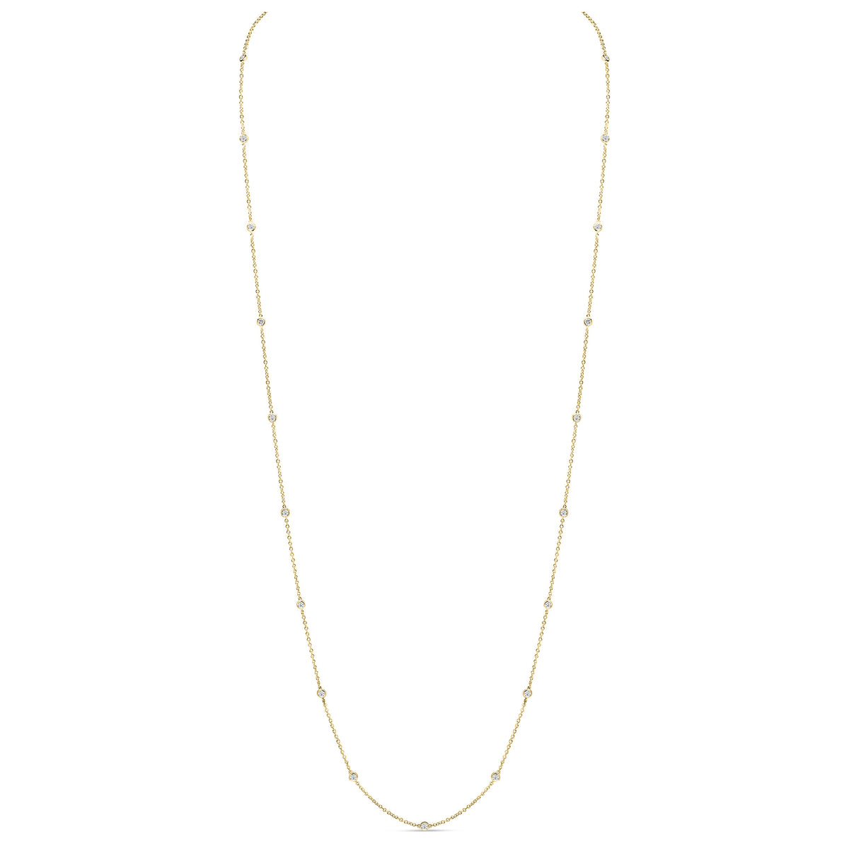 18CT YG ROUND DIAMOND SPEC SET CHAIN NECKLACE. 36"