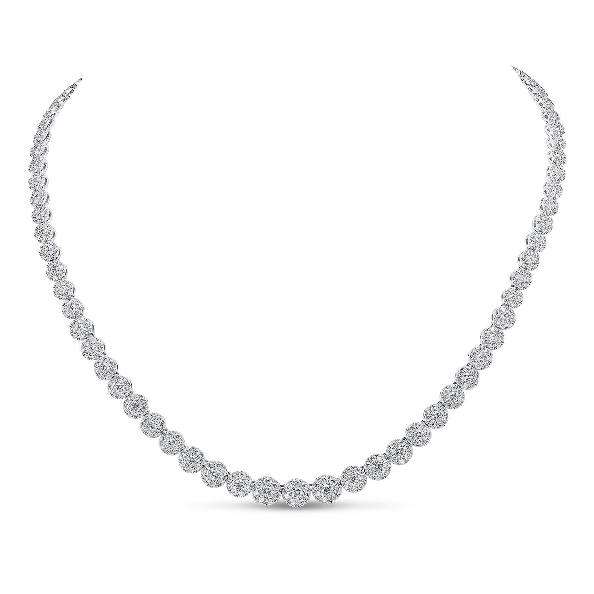 18CT WHITE GOLD ROUND DIAMOND CLUSTERS NECKLACE