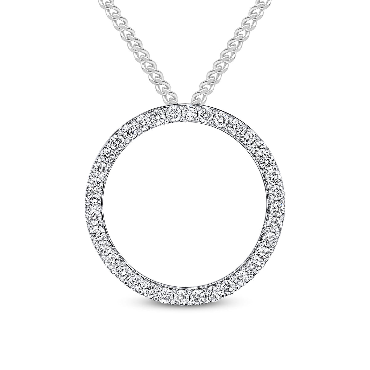 18CT WHITE GOLD ROUND DIAMOND CLAW SET OPEN CIRCLE SLIDER PENDANT. 25MM