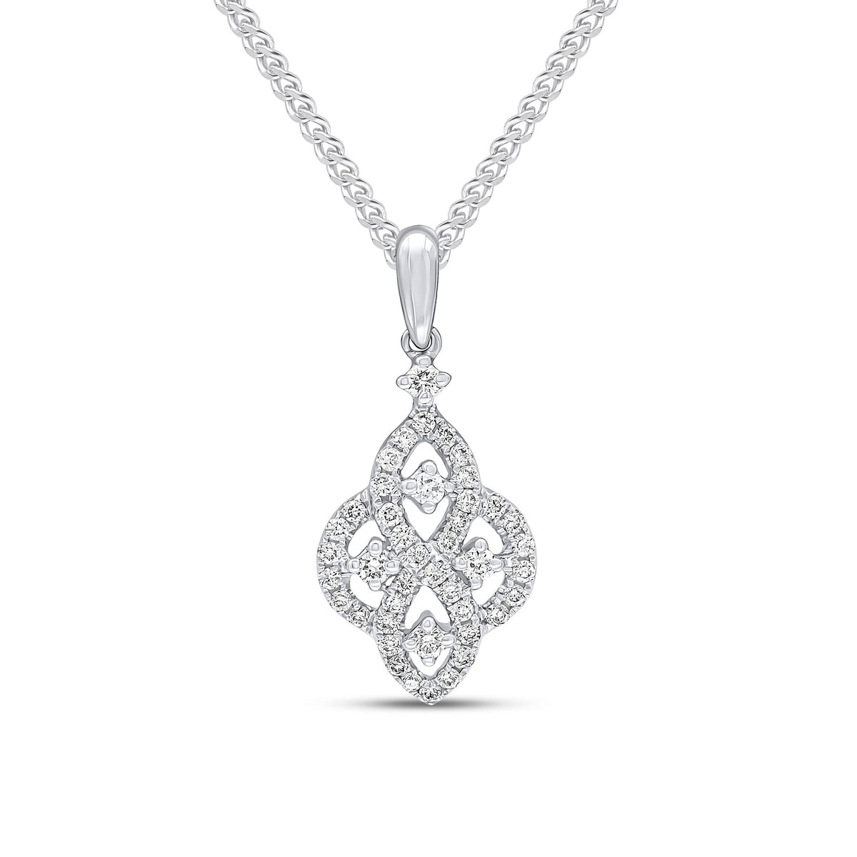 18CT WHITE GOLD ROUND DIAMOND MARQUISE MOTIFS CLAW SET DROP PENDANT
