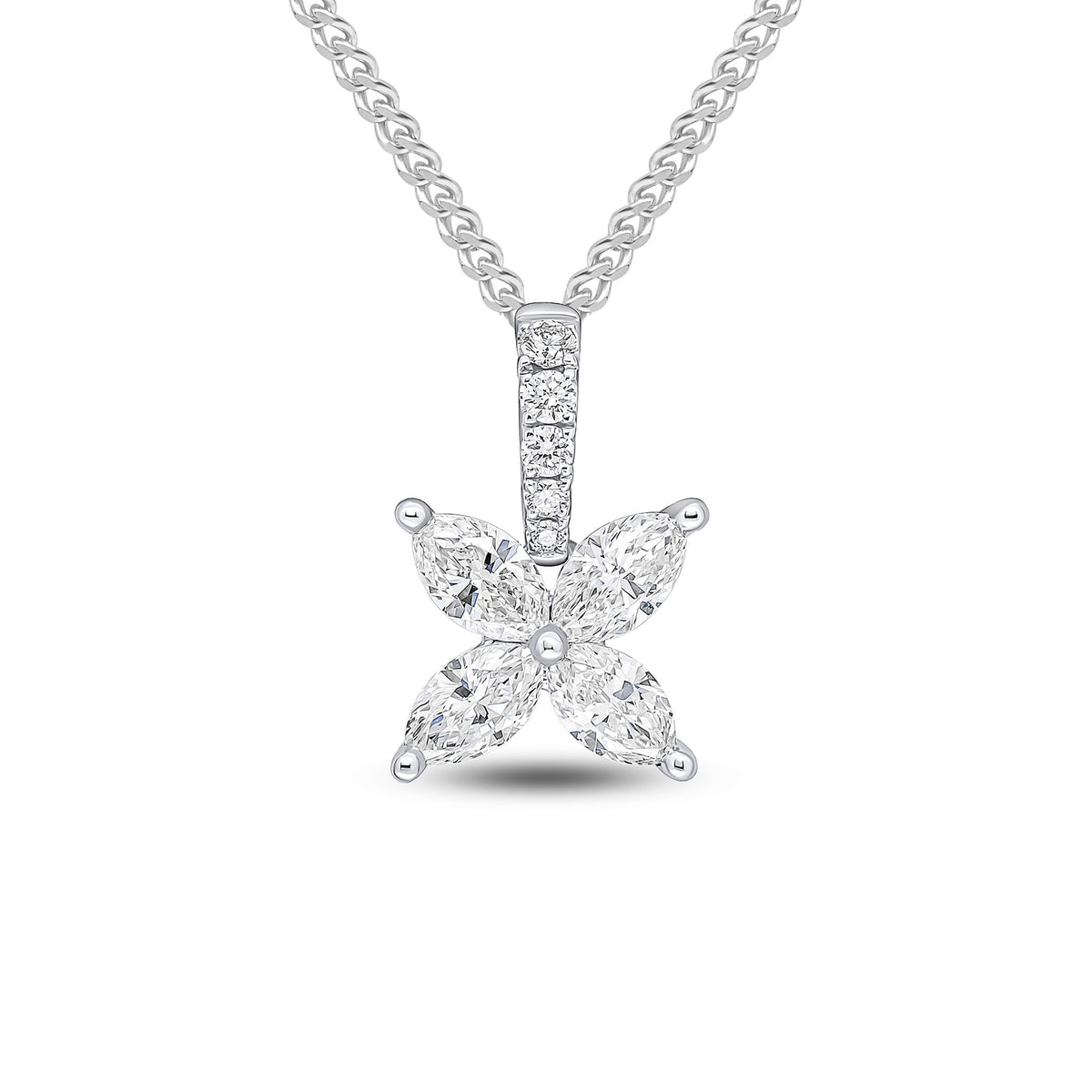 18CT WHITE GOLD MARQUISE DIAMOND 4ST FLOWER CLAW SET PENDANT WITH ROUND DIAMOND LOOP