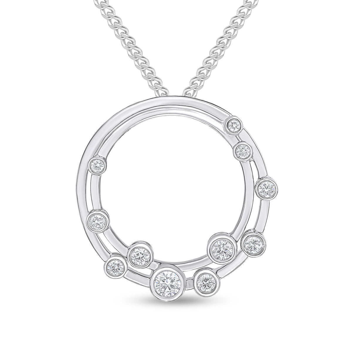 18CT WG RUBOVER ROUND DIAMOND 'BUBBLE' DOUBLE CIRCLE SLIDER PENDANT. 24MM DIAMETER