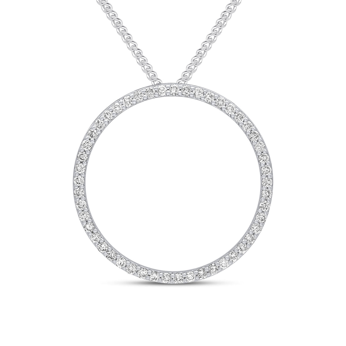 18CT WHITE GOLD ROUND DIAMOND CLAW SET OPEN CIRCLE SLIDER PENDANT. 27MM