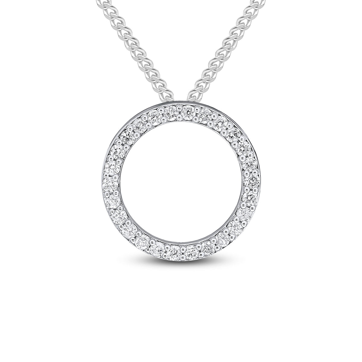 18CT WHITE GOLD ROUND DIAMOND CLAW SET OPEN CIRCLE SLIDER PENDANT. 20MM