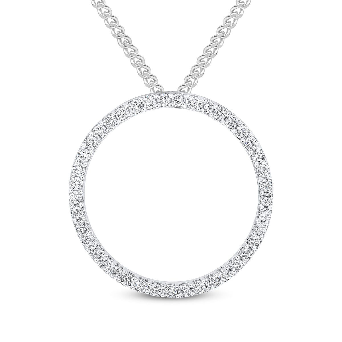 18CT WHITE GOLD ROUND DIAMOND CLAW SET OPEN CIRCLE SLIDER PENDANT. 35MM DIAMETER