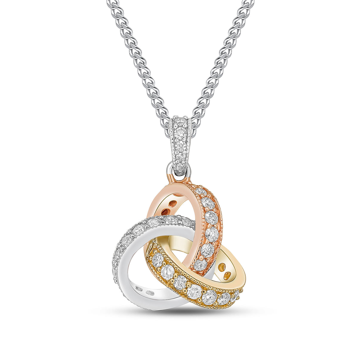 18CT YWRG ROUND DIAMOND GRAIN SET KNOT PENDANT WITH DIAMOND SET LOOP TOP. LARGE