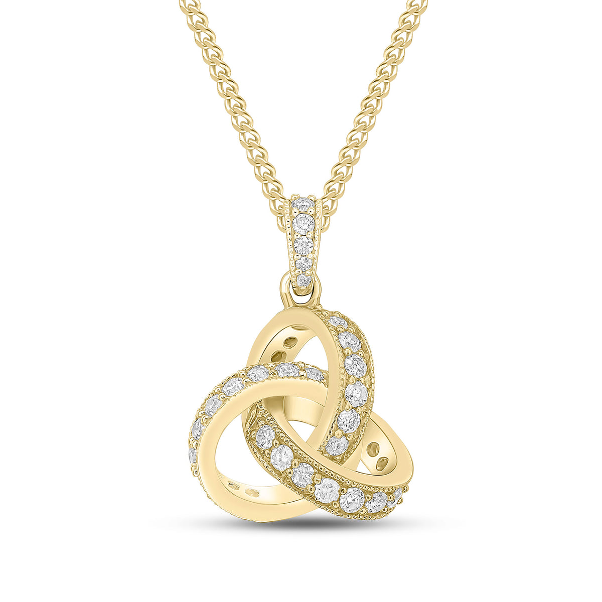18CT YG ROUND DIAMOND GRAIN SET KNOT PENDANT WITH DIAMOND SET LOOP TOP. LARGE