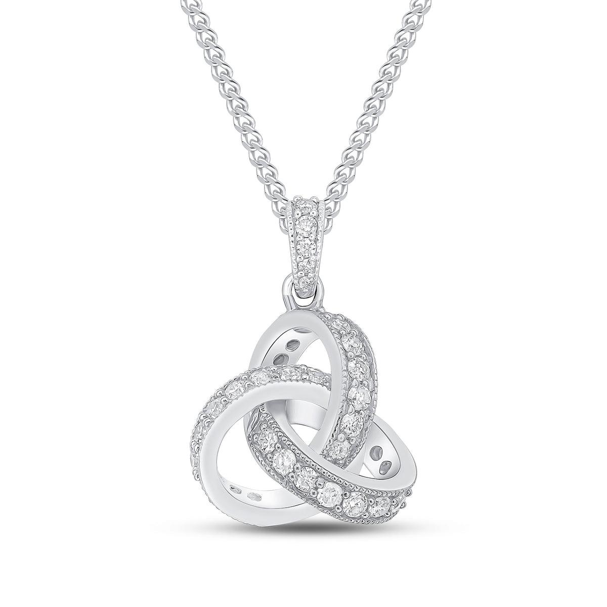 18CT WG ROUND DIAMOND GRAIN SET KNOT PENDANT WITH DIAMOND SET LOOP TOP. LARGE