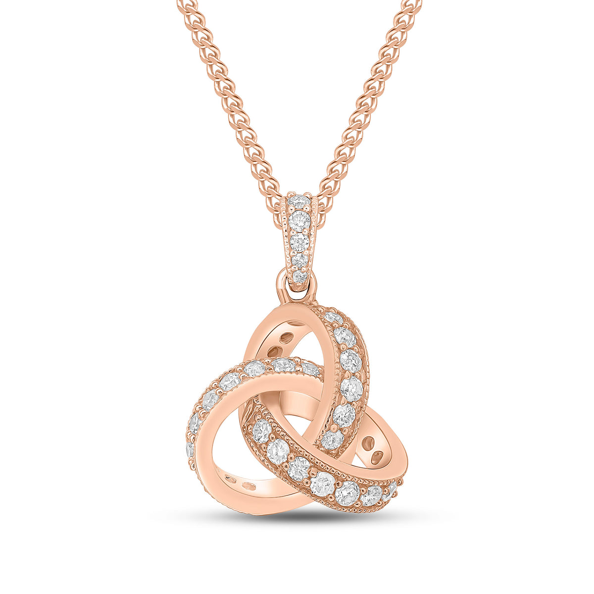 18CT RG ROUND DIAMOND GRAIN SET KNOT PENDANT WITH DIAMOND SET LOOP TOP. LARGE