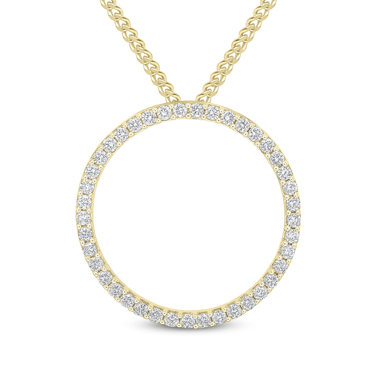 18CT YELLOW GOLD ROUND DIAMOND CLAW SET OPEN CIRCLE SLIDER PENDANT. 35MM DIAMETER