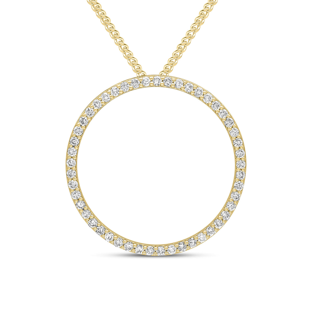 18CT YELLOW GOLD ROUND DIAMOND CLAW SET OPEN CIRCLE SLIDER PENDANT. 27MM